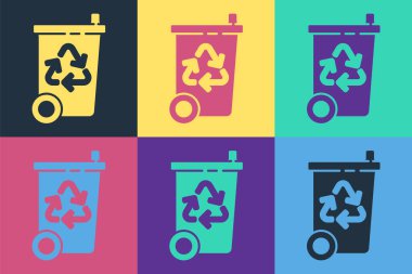 Renk arkaplanında izole edilmiş geri dönüşüm sembolü olan Pop Art Geri Dönüşüm kutusu. Çöp kutusu simgesi. Çöp kutusu tabelası. Geri dönüşüm sepeti işareti. Vektör İllüstrasyonu
