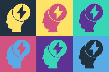 Pop sanat insan kafası ve elektrik sembolü arka planda izole edilmiş. Vektör İllüstrasyonu