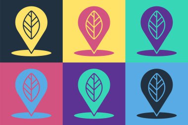 Renk arkaplanında yaprak olan pop sanatları konumu rozeti. Vektör İllüstrasyonu