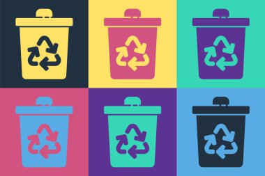 Renk arkaplanında izole edilmiş geri dönüşüm sembolü olan Pop Art Geri Dönüşüm kutusu. Çöp kutusu simgesi. Çöp kutusu tabelası. Geri dönüşüm sepeti işareti. Vektör İllüstrasyonu