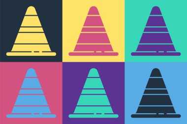 Pop art trafik konisi simgesi renk arkaplanında izole edildi. Vektör İllüstrasyonu