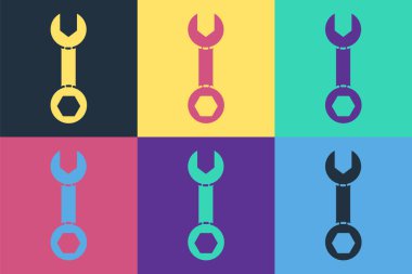 Pop Art Wrench anahtar simgesi renk arkaplanında izole edildi. Vektör İllüstrasyonu