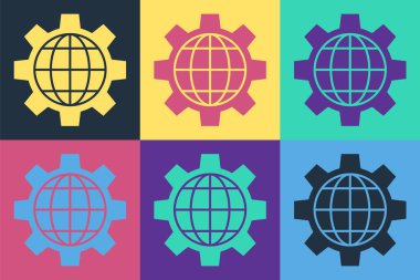 Dünya 'nın Pop Art Globe' u ve teçhizatı ya da dişli ikonu renk arkaplanında izole edilmiş. Parametreler ayarlanıyor. Global Seçenekler. Vektör İllüstrasyonu