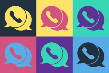 Konuşma baloncuğu sohbet ikonlu Pop Art Phone renk arkaplanında izole. Müşteri hizmetlerini, yardım hattını, çağrı merkezini, faq 'ı destekleyin. Vektör İllüstrasyonu
