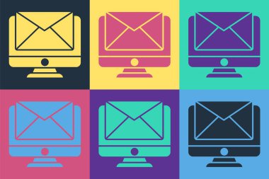 Pop sanat monitörü ve zarf, yeni mesaj, renkli arkaplanda izole edilmiş posta simgesi. E-posta bültenleri, başlıklar, blog yazıları için kullanım. Vektör İllüstrasyonu