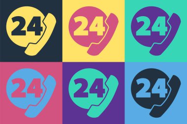 Pop Art Telefon 24 saat destek ikonu renk arkaplanında izole edildi. Tüm gün müşteri destek merkezi. Tam zamanlı çağrı servisi. Vektör İllüstrasyonu
