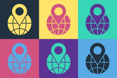 Dünya ikonundaki pop sanat konumu renk arkaplanında izole edilmiş. Dünya ya da Dünya işareti. Vektör İllüstrasyonu