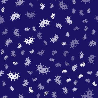 Beyaz Virüs simgesi mavi arkaplanda izole edilmiş. Corona virüsü 2019-nCoV. Bakteri ve mikroplar, hücre kanseri, mikrop, mantar. Vektör İllüstrasyonu