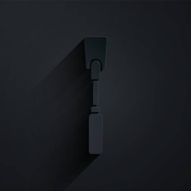 Kağıt kesiği Deri kırbaç simgesi siyah arkaplanda izole edilmiş. Fetiş aksesuarı. Yetişkinler için seks oyuncağı. Kağıt sanatı tarzı. Vektör İllüstrasyonu