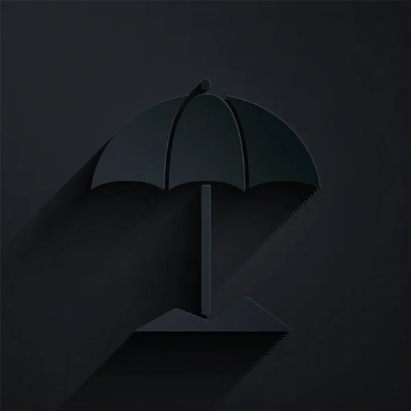 Paper Cut Sun Protective Umbrella Beach Icon Isolated Black Background — Stock Vector