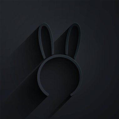 Kağıt kesiği maskesi ve siyah arka planda uzun tavşan kulağı simgesi var. Fetiş aksesuarı. Yetişkinler için seks oyuncağı. Kağıt sanatı tarzı. Vektör İllüstrasyonu