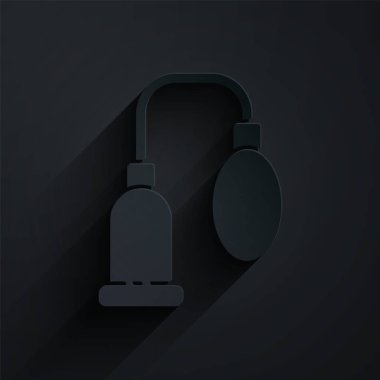 Paper cut Penis pump icon isolated on black background. Penis enlarger. Sex toy for men. Vacuum pump with a blower to increase the penis. Paper art style. Vector Illustration