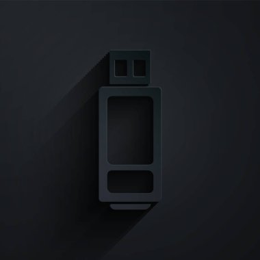 Kağıt kesikli USB flash disk simgesi siyah arkaplanda izole edildi. Kağıt sanatı tarzı. Vektör İllüstrasyonu