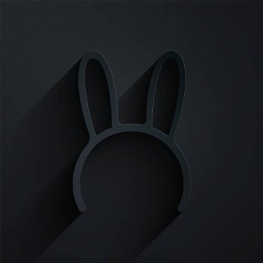 Kağıt kesiği maskesi ve siyah arka planda uzun tavşan kulağı simgesi var. Kağıt sanatı tarzı. Vektör İllüstrasyonu