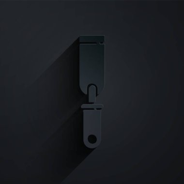 Kağıt kesiği Rasp metal dosya simgesi siyah arkaplanda izole edildi. Ahşap ve metalle çalışmak için Rasp. Tezgah ve atölye için alet. Kağıt sanatı tarzı. Vektör İllüstrasyonu