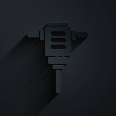 Kağıt kesiği, siyah zemin üzerinde izole edilmiş elektrikli çekiç matkabı ikonu. İnşaat, onarım ve onarım için kullanılan bir alet. Kağıt sanatı tarzı. Vektör İllüstrasyonu