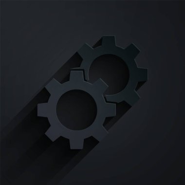 Kağıt kesiği Vites simgesi siyah arkaplanda izole edildi. Çarklı teçhizat ayarları. İşçi sembolü. Kağıt sanatı tarzı. Vektör İllüstrasyonu