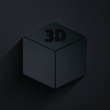 Kağıt kesiği Isometric küp simgesi siyah arkaplanda izole edildi. Geometrik küp katı simge. 3D kare işareti. Kutu sembolü. Kağıt sanatı tarzı. Vektör İllüstrasyonu