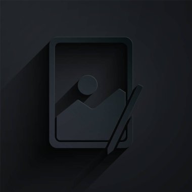 Kağıt kesiği tablet simgesi siyah arkaplanda izole edildi. Kağıt sanatı tarzı. Vektör İllüstrasyonu