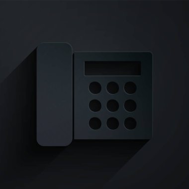 Kağıt kesiği Telefon simgesi siyah arkaplanda izole edildi. Sabit telefon. Kağıt sanatı tarzı. Vektör İllüstrasyonu