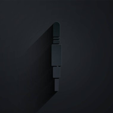 Kağıt kesiği Ses Jack simgesi siyah arkaplanda izole edildi. Bağlantı ses ekipmanları için ses kablosu. Fiş kablosu. Müzik aleti. Kağıt sanatı tarzı. Vektör İllüstrasyonu