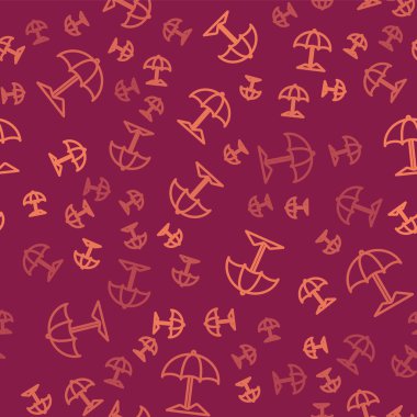 Kumsal ikonu için kahverengi çizgi güneş koruyucu şemsiye kırmızı arka planda izole edilmiş pürüzsüz desen. Açık alan için büyük bir şemsiye. Plaj şemsiyesi Vektör İllüstrasyonu