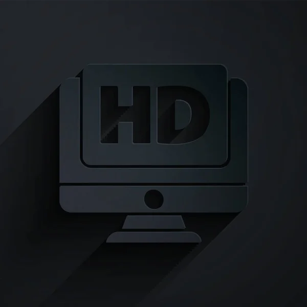 Papiergeschnittenes Monitordisplay Mit Videotechnologie Symbol Isoliert Auf Schwarzem Hintergrund Papierkunst — Stockvektor