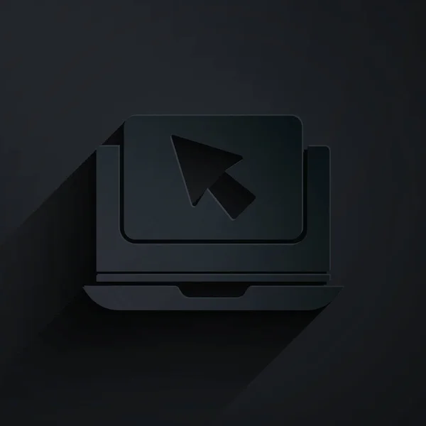 Papiergeschnittener Laptop Und Cursor Symbol Isoliert Auf Schwarzem Hintergrund Computer — Stockvektor