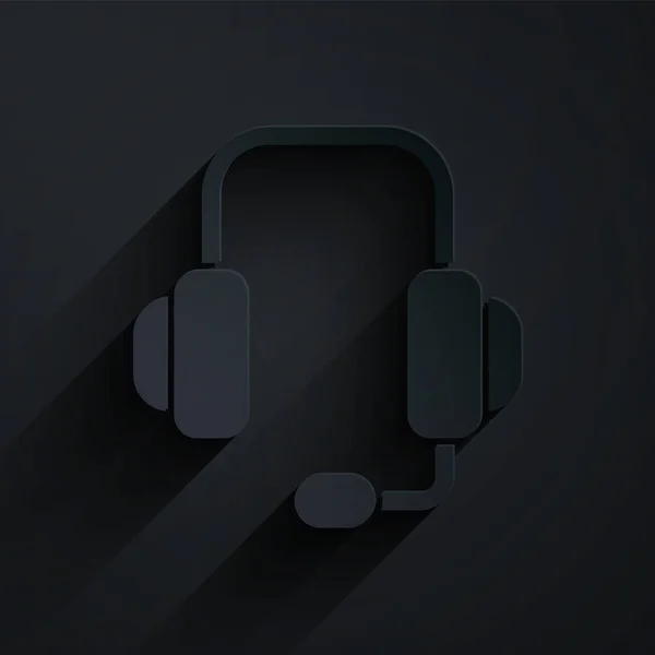 Papel Corte Headphones Ícone Isolado Fundo Preto Suporte Atendimento Cliente — Vetor de Stock