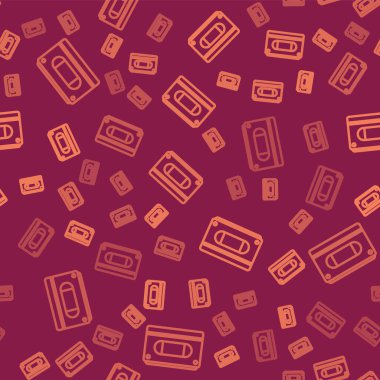 Kahverengi çizgi VHS video kaset ikonu kırmızı arkaplanda izole edilmiş pürüzsüz kalıp. Vektör İllüstrasyonu