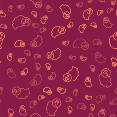 Kahverengi çizgi insan kafası ve Hıristiyan haç simgesi kırmızı arka planda izole edilmiş kusursuz desen. Vektör İllüstrasyonu