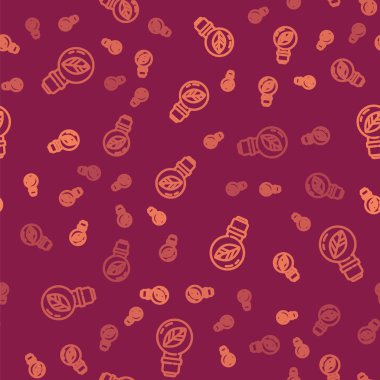 Kahverengi çizgi ampul ve yaprak simgesi kırmızı arka planda izole edilmiş pürüzsüz desen. Çevre enerjisi kavramı. Alternatif enerji kavramı. Vektör İllüstrasyonu