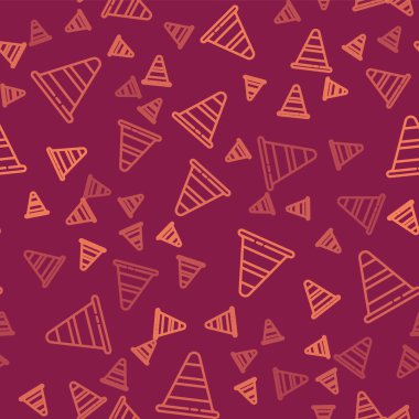 Kahverengi çizgi trafik konisi simgesi kırmızı arka planda izole edilmiş. Vektör İllüstrasyonu