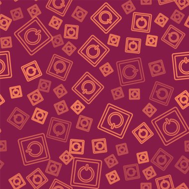 Kahverengi çizgi elektrik düğmesi simgesi kırmızı arkaplanda izole edilmiş pürüzsüz desen. Açık ve kapalı simgesi. Loş ışık düğmesi işareti. Enerji tasarrufu kavramı. Vektör İllüstrasyonu