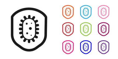 Siyah Kalkan virüsten, mikroplardan ve beyaz arka planda izole edilmiş bakteri simgesinden koruyor. Bağışıklık sistemi konsepti. Corona virüsü 2019-nCoV. Simgeleri renklendirin. Vektör İllüstrasyonu