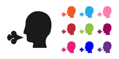 Siyah adamın öksürük ikonu beyaz arka planda izole edilmiş. Viral enfeksiyon, grip, grip, soğuk algınlığı semptomları. Tüberküloz, kabakulak, boğmaca. Simgeleri renklendirin. Vektör İllüstrasyonu.