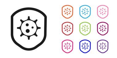 Siyah Kalkan virüsten, mikroplardan ve beyaz arka planda izole edilmiş bakteri simgesinden koruyor. Bağışıklık sistemi konsepti. Corona virüsü 2019-nCoV. Simgeleri renklendirin. Vektör İllüstrasyonu