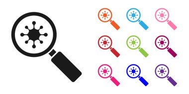 Beyaz arka planda izole edilmiş büyüteç simgesi altındaki siyah virüs. Corona virüsü 2019-nCoV. Bakteriler, mikroplar, mantarlar. Simgeleri renklendirin. Vektör İllüstrasyonu