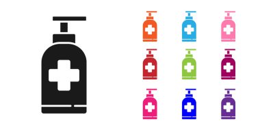 Siyah şişe anti bakteriyel sabun ve beyaz arka planda izole edilmiş şeker ikonu. Antiseptik. Dezenfeksiyon, hijyen, cilt bakımı. Simgeleri renklendirin. Vektör İllüstrasyonu