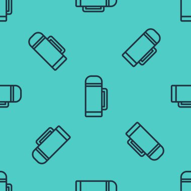 Siyah çizgi termos konteynır ikonu yeşil arka planda izole edilmiş pürüzsüz desen. Termo matara ikonu. Kamp ve yürüyüş ekipmanları. Vektör İllüstrasyonu