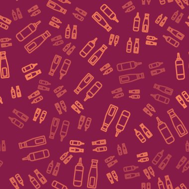 Kahverengi çizgili sos şişesi ikonu kırmızı arka planda izole edilmiş pürüzsüz desen. Ketçap, hardal ve fast food için soslu mayonez şişeleri. Vektör İllüstrasyonu