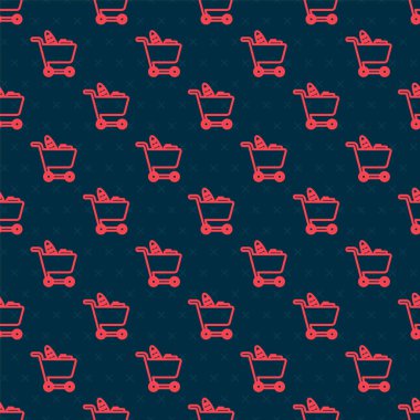 Kırmızı çizgi alışveriş arabası ve yiyecek ikonu siyah arka planda izole edilmiş kusursuz desen. Yiyecek dükkanı, süpermarket. Vektör İllüstrasyonu