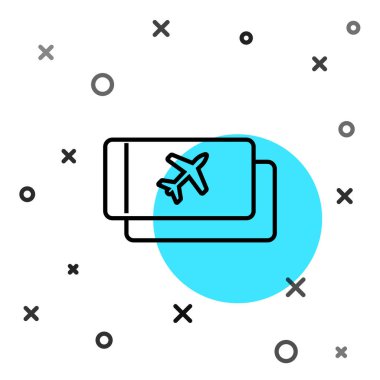 Siyah hat uçak bileti ikonu beyaz arka planda izole edildi. Uçak bileti. Rastgele dinamik şekiller. Vektör İllüstrasyonu