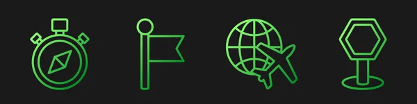 Ustaw Linię Globe Samolotem Latającym Kompas Wskaźnik Lokalizacji Znak Drogowy — Wektor stockowy