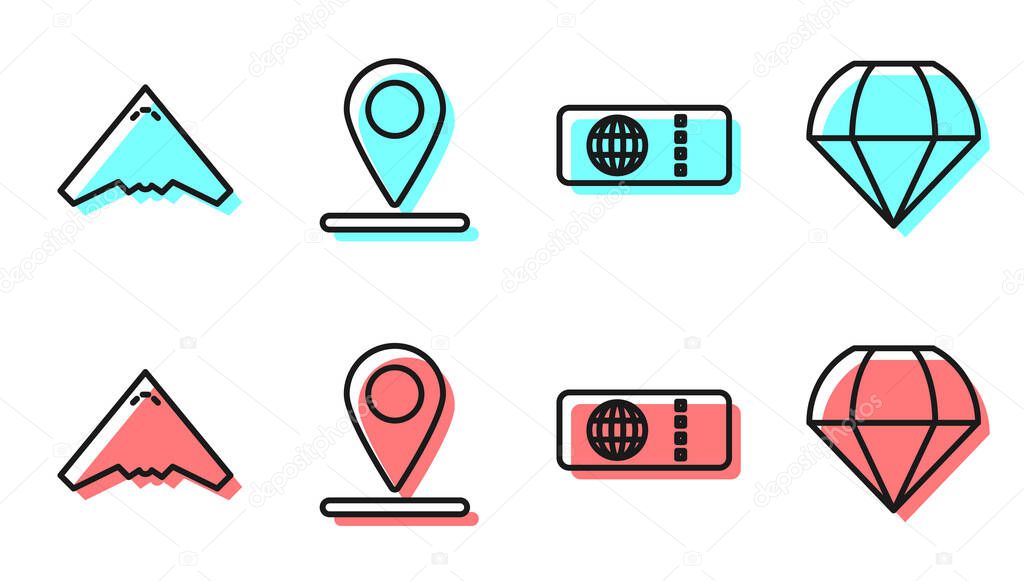 Set line Airline ticket, Jet fighter, Location and Parachute icon. Vector