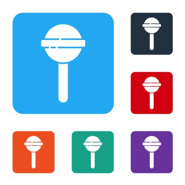 Beyaz arkaplanda izole edilmiş beyaz lolipop ikonu. Yemek, lezzetli bir sembol. Renkli kare düğmelerle simgeleri ayarla. Vektör İllüstrasyonu