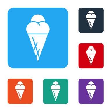 Beyaz arka planda izole edilmiş waffle külahında beyaz dondurma. Güzel sembol. Renkli kare düğmelerle simgeleri ayarla. Vektör İllüstrasyonu