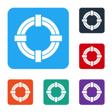 Beyaz Lifebuoy simgesi beyaz arkaplanda izole edildi. Hayat kurtaran yüzen can simidi plaj için, kurtarma kemeri insanları kurtarmak için. Renkli kare düğmelerle simgeleri ayarla. Vektör İllüstrasyonu