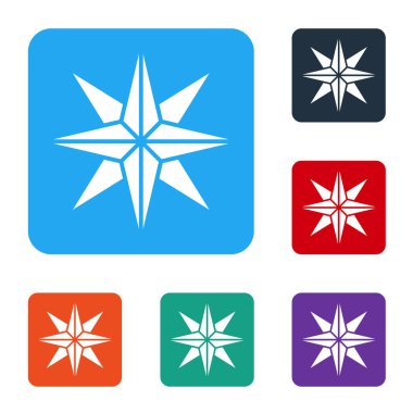 Beyaz Rüzgar gül simgesi beyaz arkaplanda izole edildi. Seyahat için pusula simgesi. Navigasyon tasarımı. Renkli kare düğmelerle simgeleri ayarla. Vektör İllüstrasyonu