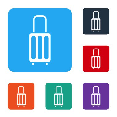 Seyahat simgesi için beyaz bavul beyaz arkaplanda izole edildi. Seyahat bagaj tabelası. Seyahat bagaj ikonu. Renkli kare düğmelerle simgeleri ayarla. Vektör İllüstrasyonu